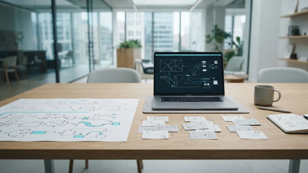 Software planning desk combining a structured plan with iterative task cards
