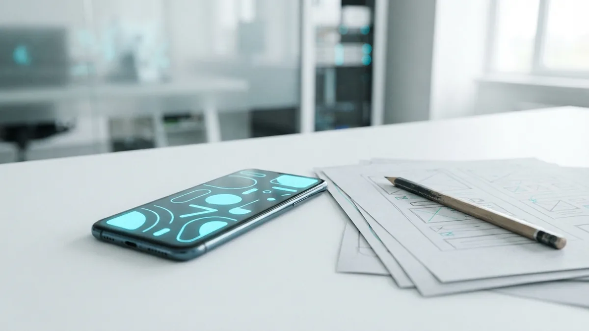 Designing app screens around user tasks Phone and blank wireframes show user-focused mobile app design work