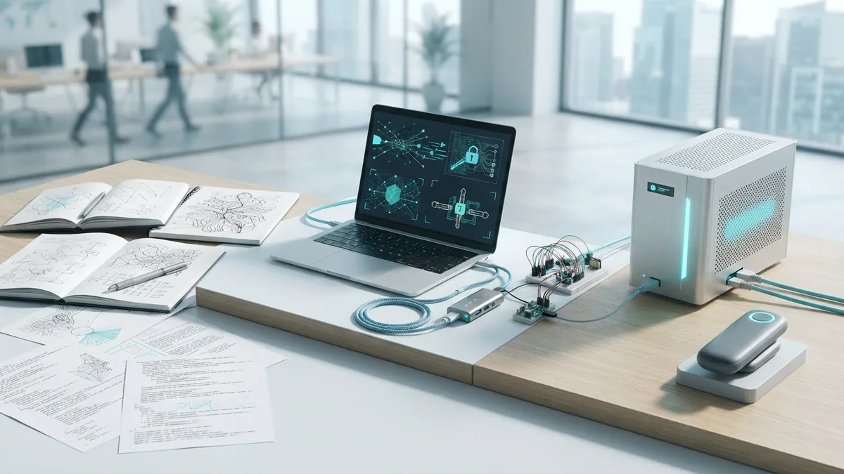 Desk objects arranged to suggest software planning, coding, testing, and release stages