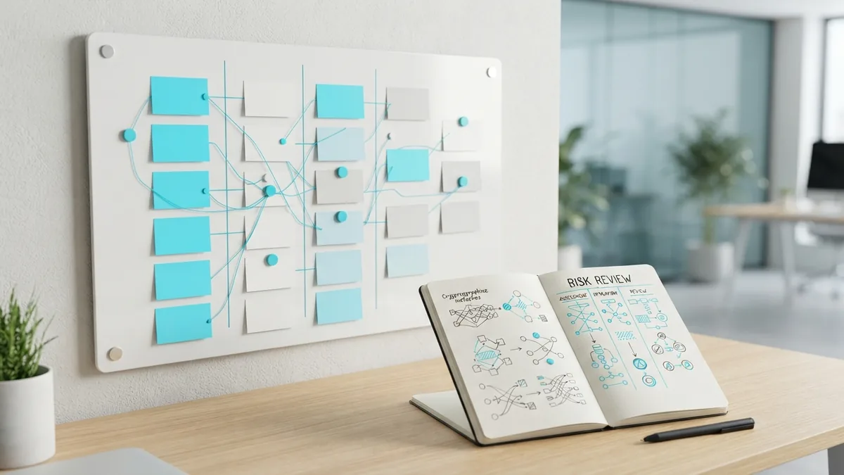Project planning board showing linked software tasks and risk review notes